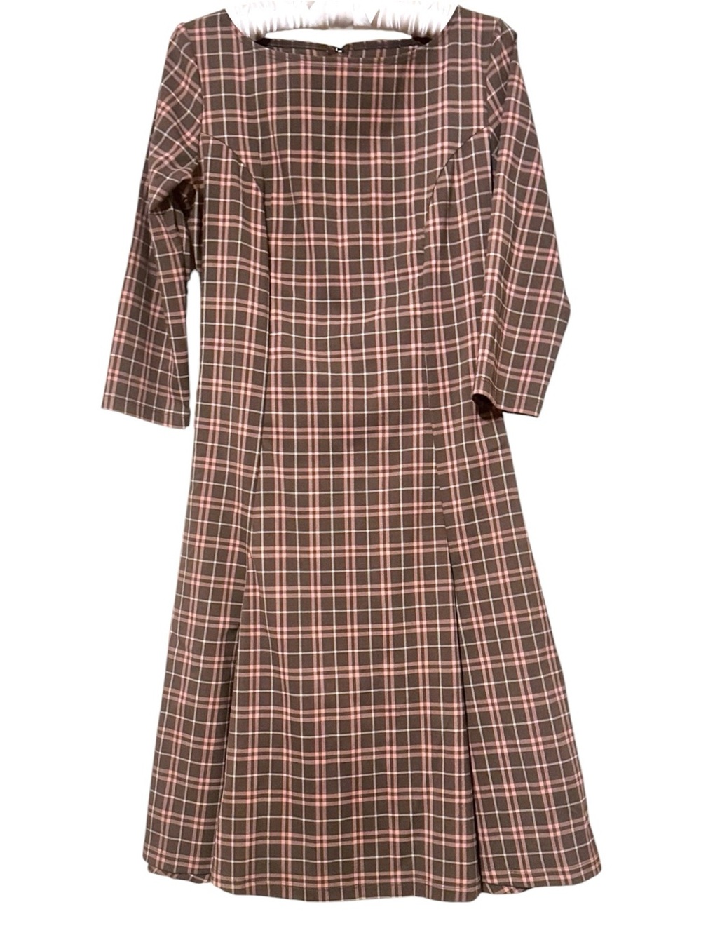 Laura Byrnes SS2017 Brown & Mushroom Pink Plaid Sabrina Pin Up Midi Dress L